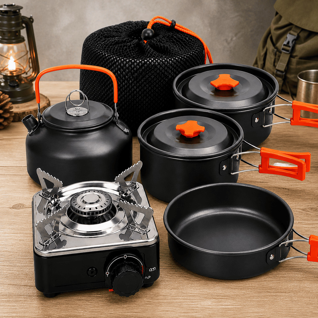 Kit De 5 Peças Cozinha Portátil Para Acampamento Com Fogão Portátil Panela Grande Média Chaleira E Frigideira