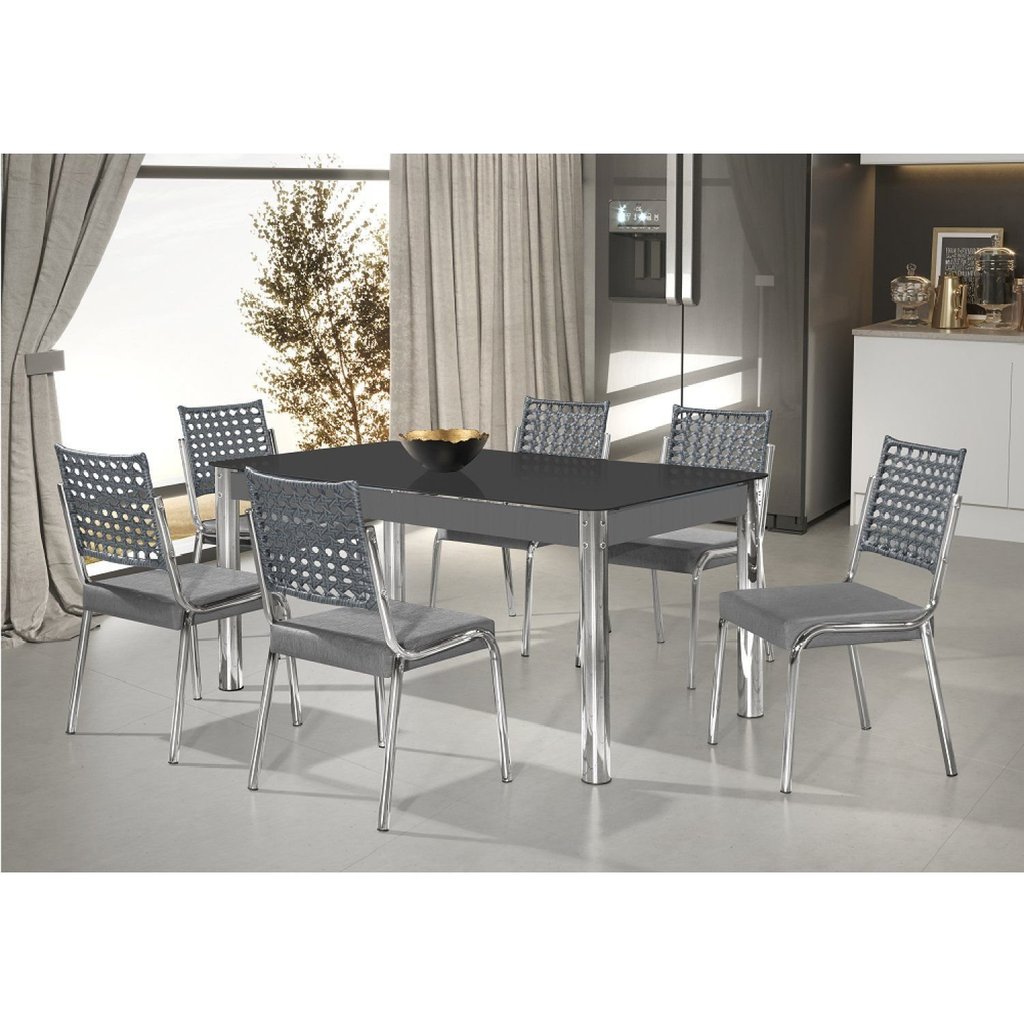 Conjunto Sala de Jantar Mesa Natani 160x90cm com 6 Cadeiras Natani Junco Yescasa Cinza/Preto/Cromado Cinza/Preto/Cromado