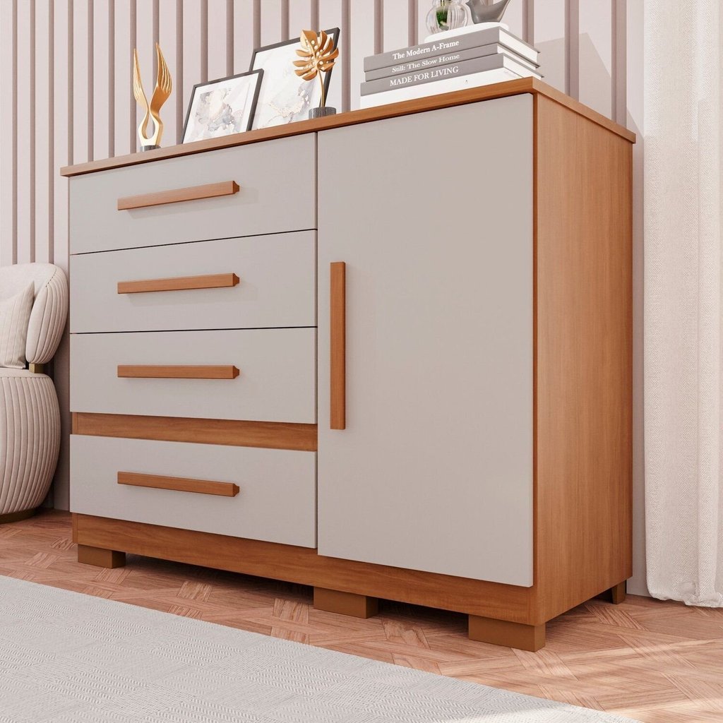 Cômoda para Quarto 1 Portas 4 Gavetas Pérola Expresso Móveis Cinamomo/Off White