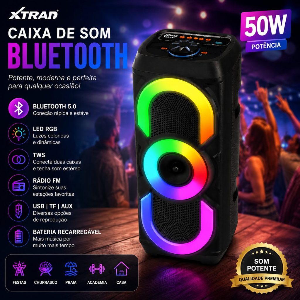 Caixa de Som Bluetooth RGB 50W Portátil TWS FM USB Recarregável LED XDG-141 Compatível Android iPhone