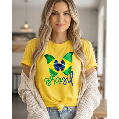 Camiseta Brasil Borboleta Adulto Feminina Algodão