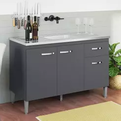 Balcão Gabinete Com Pia Inox 120cm 3 Portas e 1 Gaveta Gabriela Cinza - AJL Móveis
