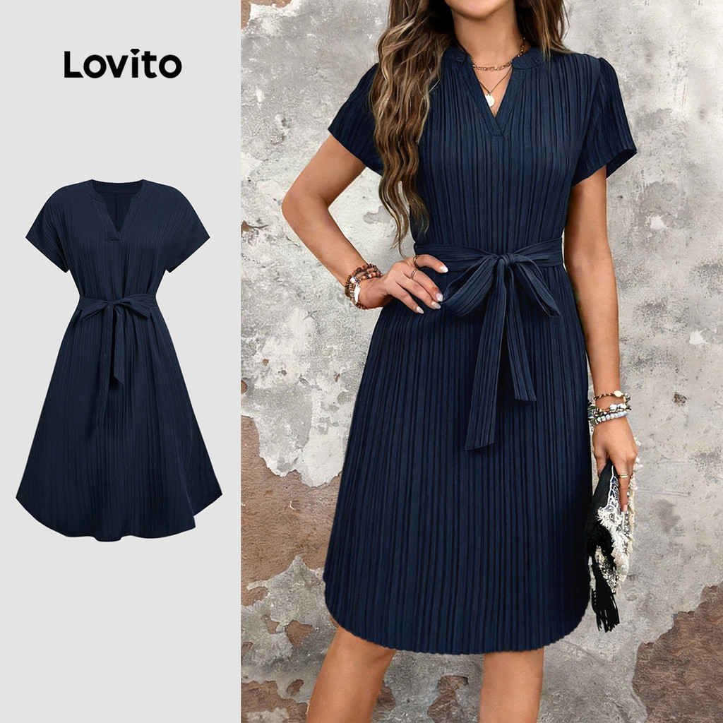 Lovito Vestido Elegante com Cinto Primavera/verão Azul Marinho para Mulheres LBL33146