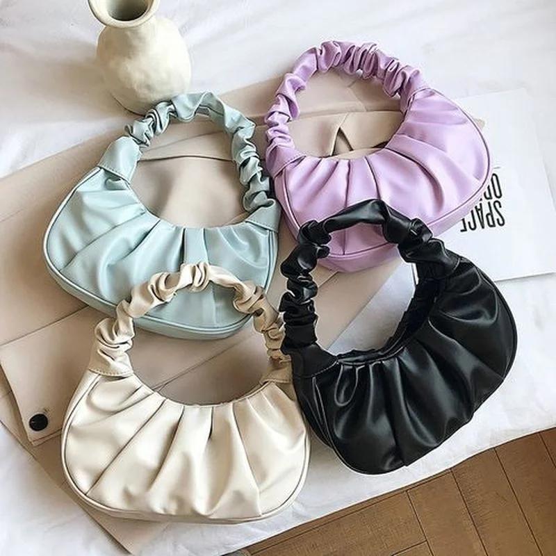 Mulheres Coreanas Nuvem Plissada Bolsa De Ombro Senhoras Cor Sólida Lazer Couro Do Plutônio Axilas Moda Feminina Pequena