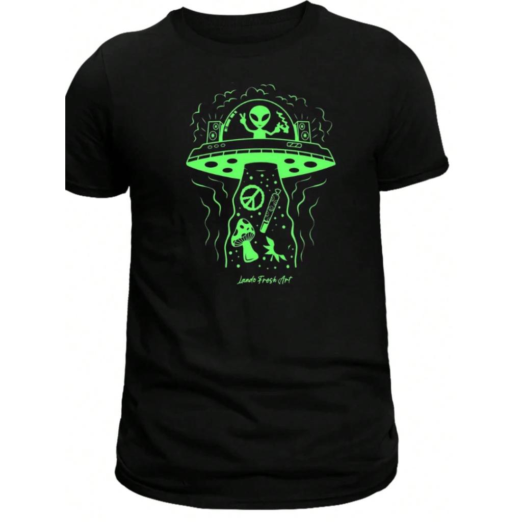 Camisa masculina manga curta gola redonda estampada 100% algodão verão confortável alien nave espacial