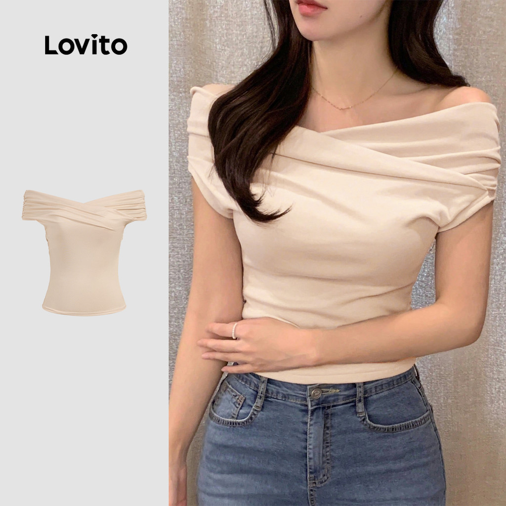 Lovito Camiseta Casual Ruched Sobreposta Primavera/verão Damasco para Mulheres L