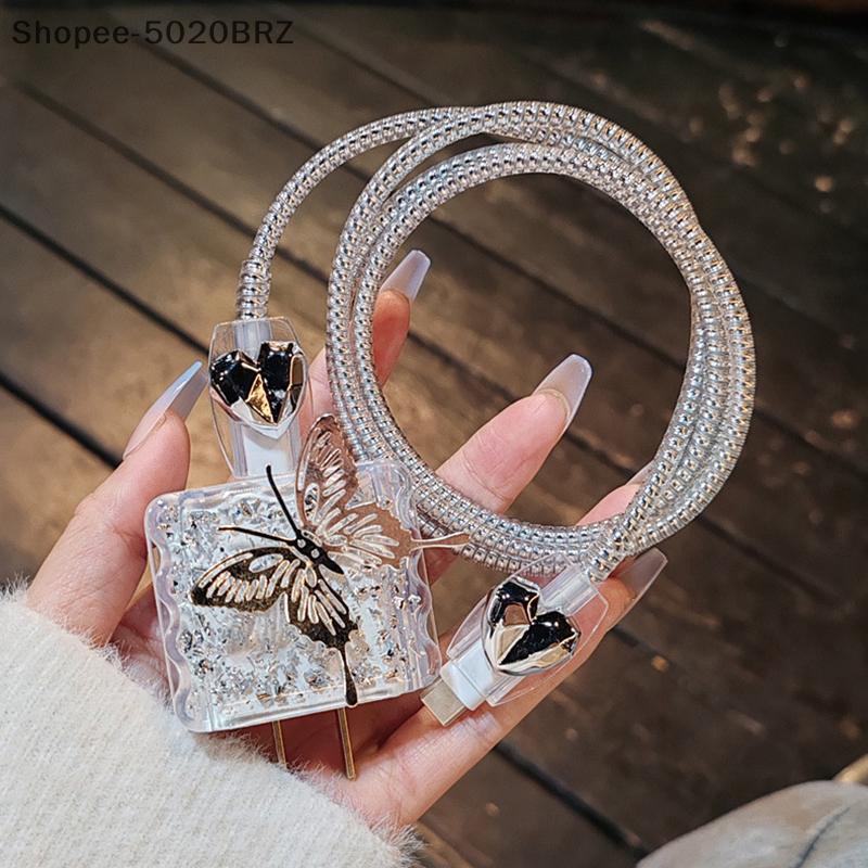 [THEBR] Capa Protetora De Cabo USB Fofa 3D Pêssego Coração Laço Glitter Epóxi Para De Cabeça De Linha De Dados De 18W-20