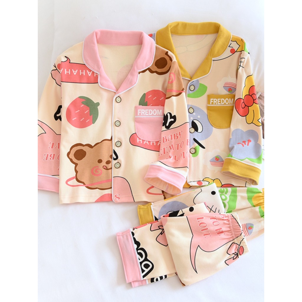 Crianças primavera outono puro algodão manga comprida pijamas conjunto bonito dos desenhos animados impressão completa m