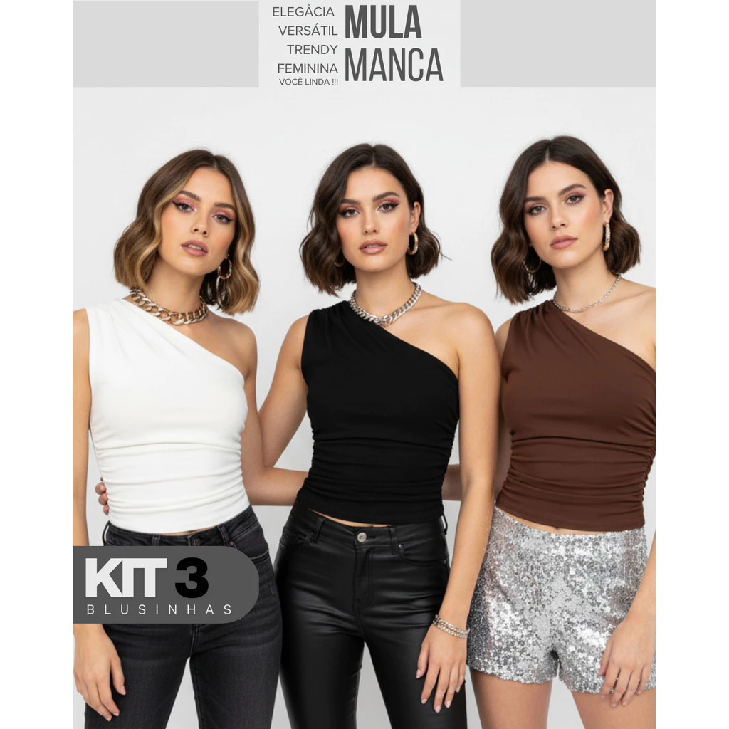 KIT 3 Blusa Mula Manca  Feminina Elegante Franzido Assimétrica Ombro Único Com Casual — imagem 1