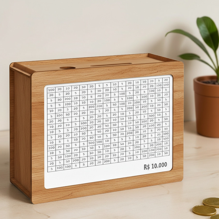 Caixa Cofre Desafio Woodbox Cofrinho Caixa de Dinheiro Poupança Cofre de Moedas