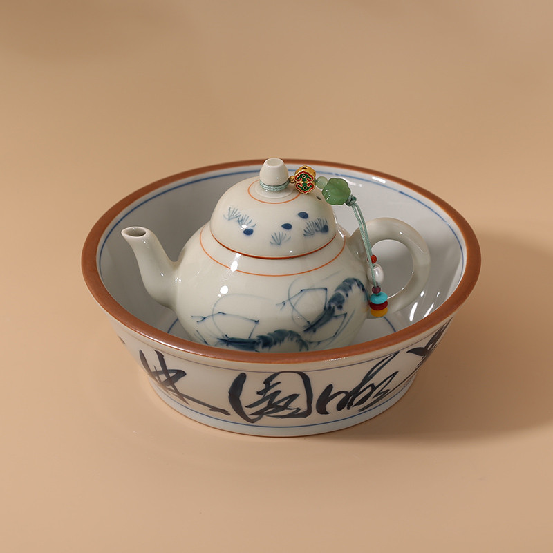 Underglaze cor pura caligrafia pintada à mão Script cursivo pote alto Cheng mesa de chá doméstica balanço bule capa tige