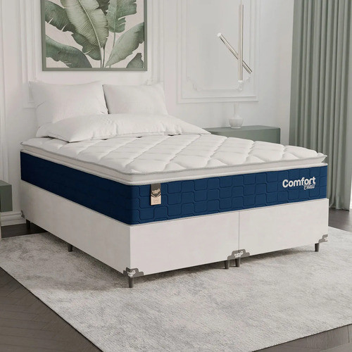 Cama Box Queen + Colchão Comfort Class Pillow Top 158x198cm Azul/suede Branco