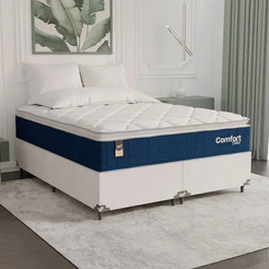 Cama Box Queen + Colchão Comfort Class Pillow Top 158x198cm Azul/suede Branco