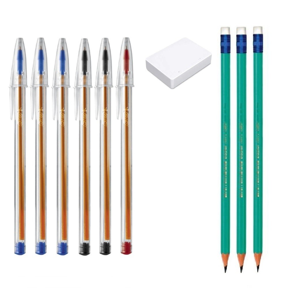 Kit Escolar  6 Canetas Bic Fina 3 Lapis Bic c/borracha 1 Borracha