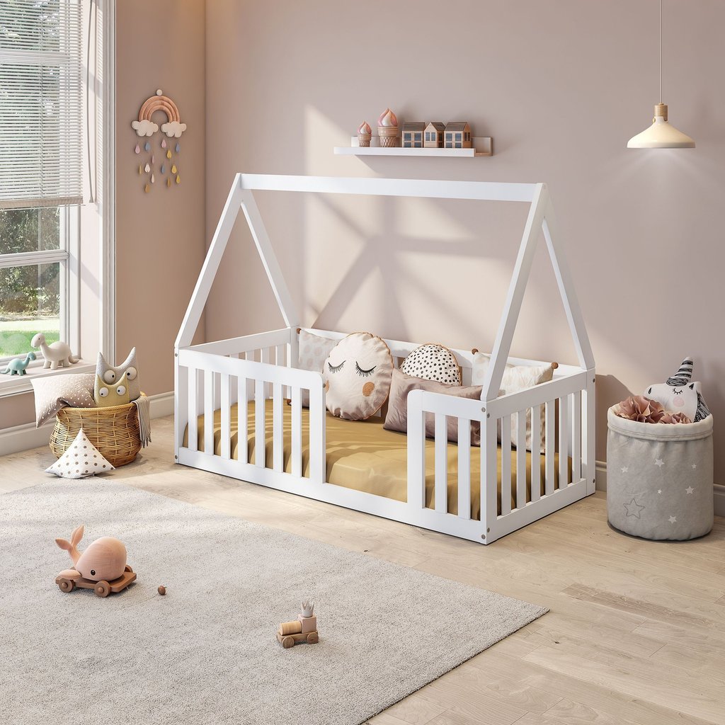 Mini Cama Montessoriana com Grade e Telhado Giulia Casatema MadeiraOriginals Branco