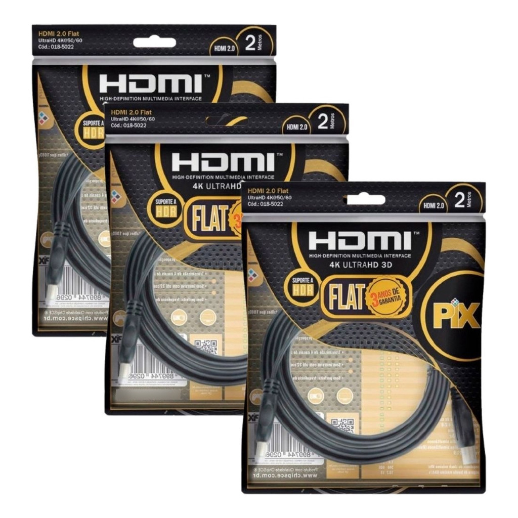 Kit 3 Cabo HDMI Flat 2.0 Pix 19 Pinos 4k Ultrahd 3d Hdr 2 M