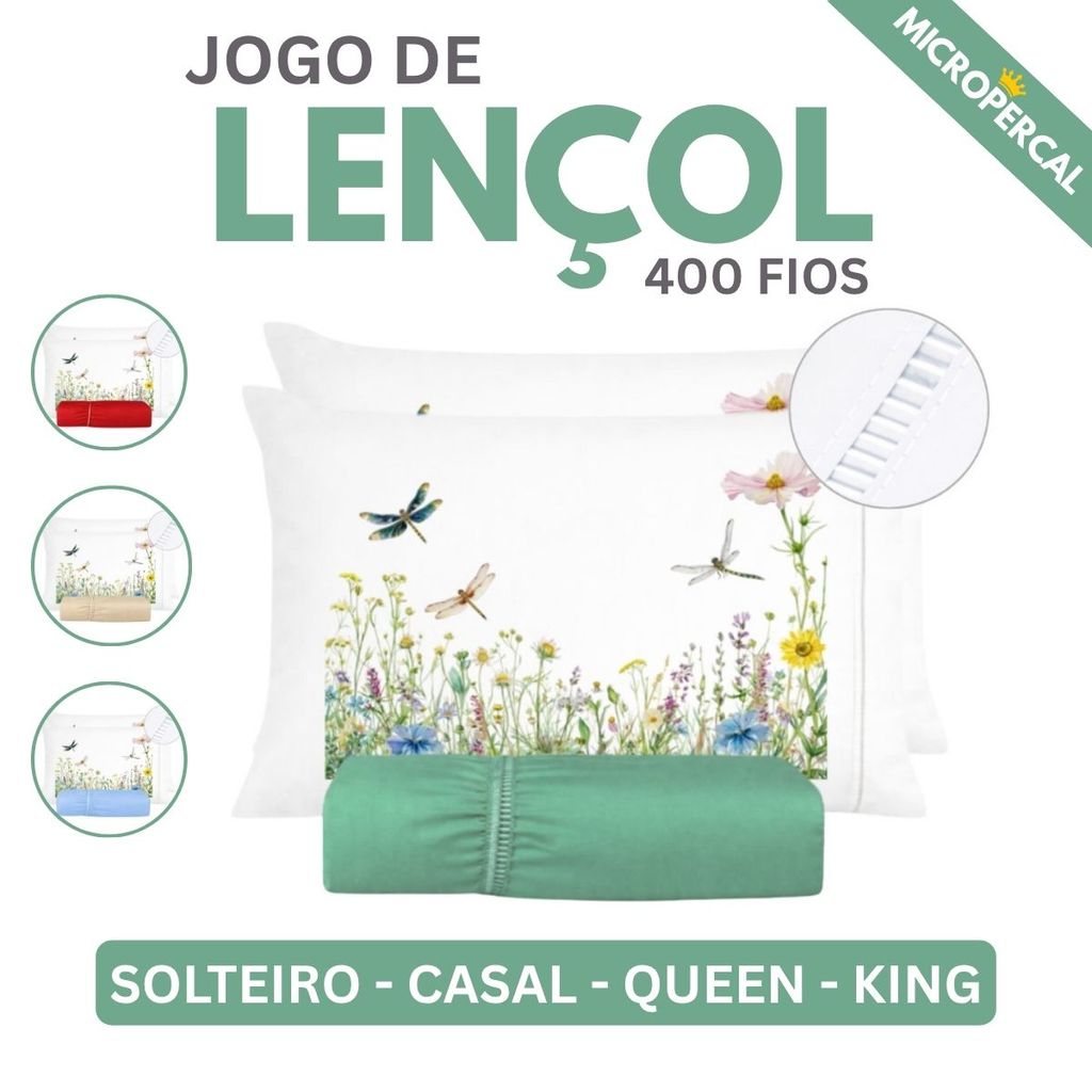 Kit Jogo De Lençol Micropercal 400 Fios Fronha Estampada Ponto Palito - Libélula Lançamento