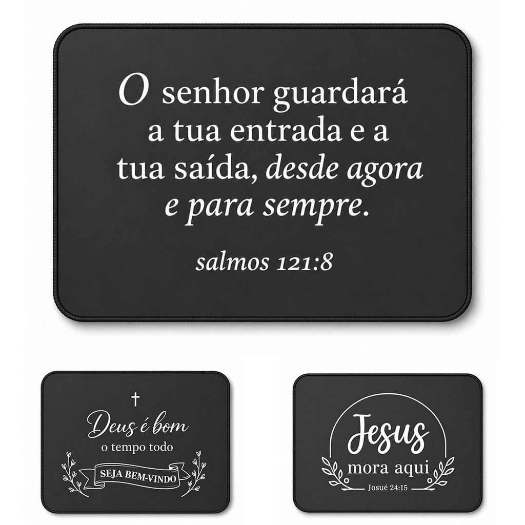 Imagem Tapete de Entrada Porta Cristão Antiderrapante Costura Reforçada Versículo Evangélico Oração