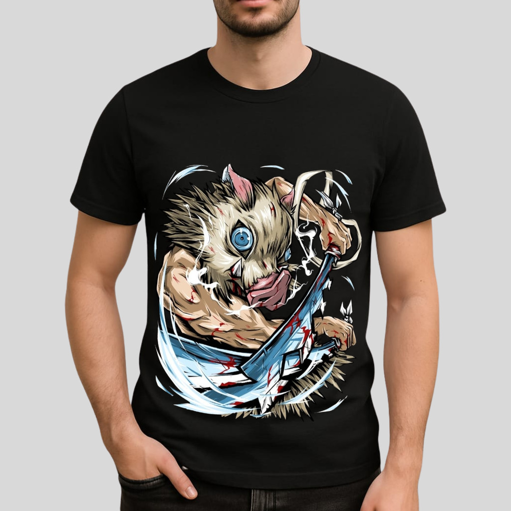 Camiseta Inosuke Demon Slayer Promoção Kimetsu no Yaiba Anime Unissex Preta 100% Algodão Lançamento