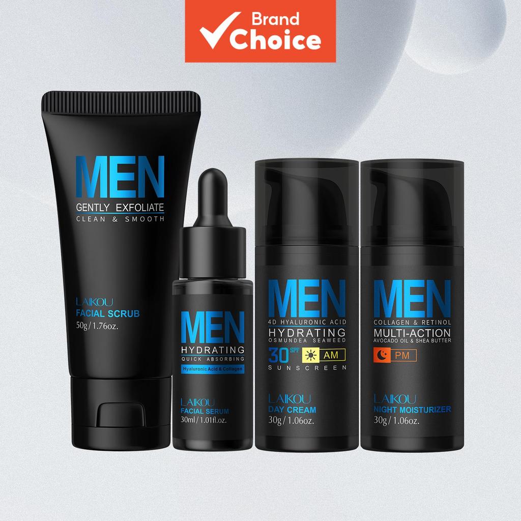  Conjunto de Cuidados Masculinos LAIKOU 4 em 1 - Esfoliante Facial + Essência Hidratante Profunda + Protetor Solar FPS30