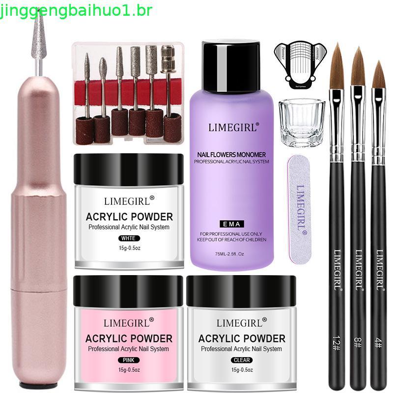 LIMEGIRL Kit De Pó Acrílico E Líquido Para Unhas , Sem Necessidade De Lâmpada UV , Conjunto De Extensão De Cristal Trans