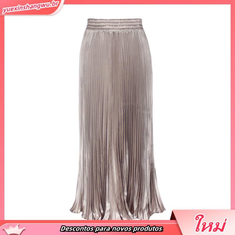 NP Saia Feminina De Cintura Alta Confortável Chique Plissada Maxi Para Trabalho E Usar Material De Cetim Liso Elástica D