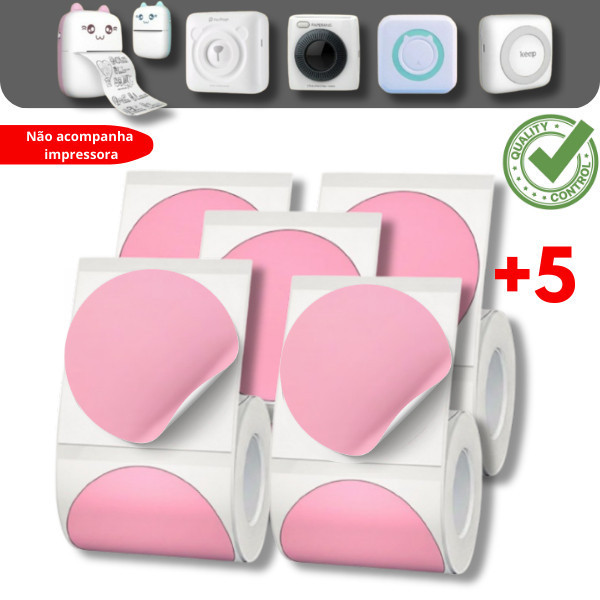 5 ROLOS DE ETIQUETA ADESIVA REDONDA 50X50 ROSA PARA IMPRESSORA GATINHO