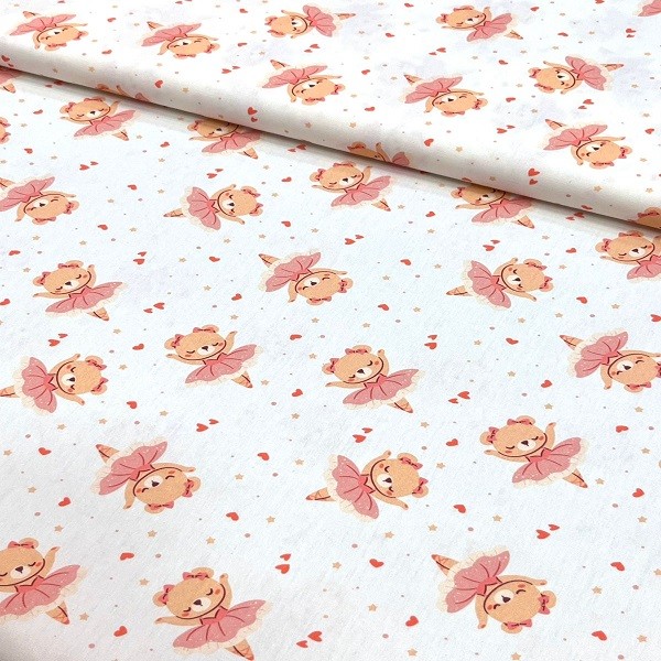 Tecido Tricoline Rotativo Urso Ursinha Bailarina e Coração