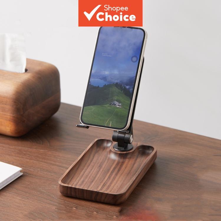 Suporte de Mesa para Celular Levantável com Base de Bandeja em Nogueira/Faia