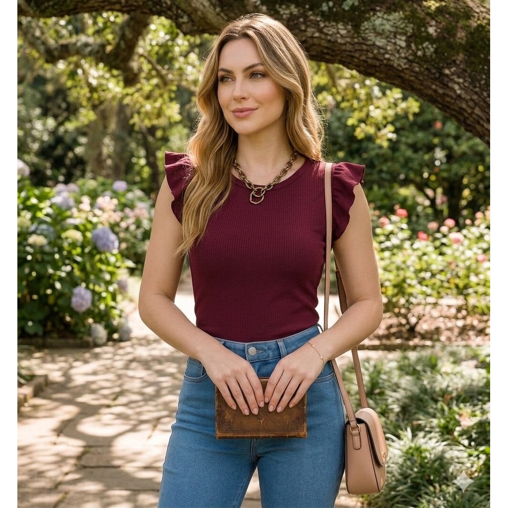 blusa feminina canelada manga curta babado elastano perfeita too