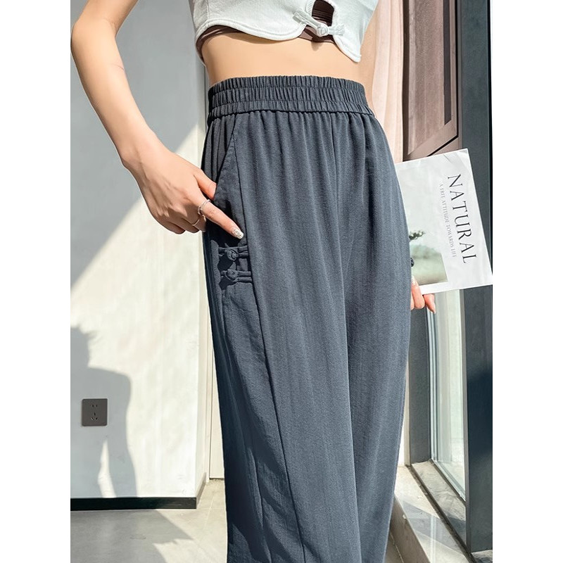Calças finas de verão de cânhamo de seda gelo feminino novo estilo tamanho grande mais magro olhar calças esportivas tor