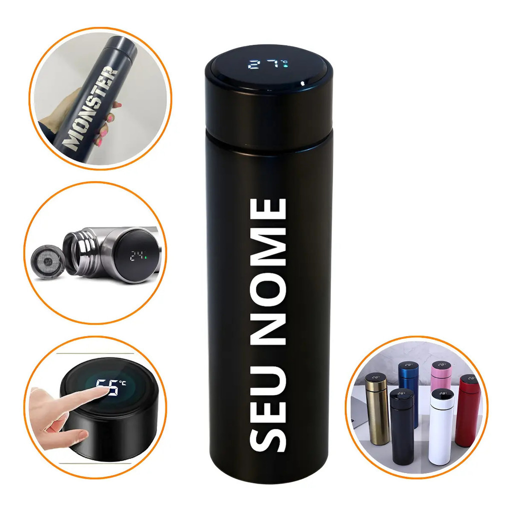 Garrafa Térmica Personalizada Nome Termômetro Digital 400ml