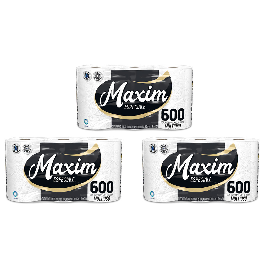Papel Toalha Maxim Kit 1800 Folhas - São 3 Pacotes Com 600 Folhas No Total - Original