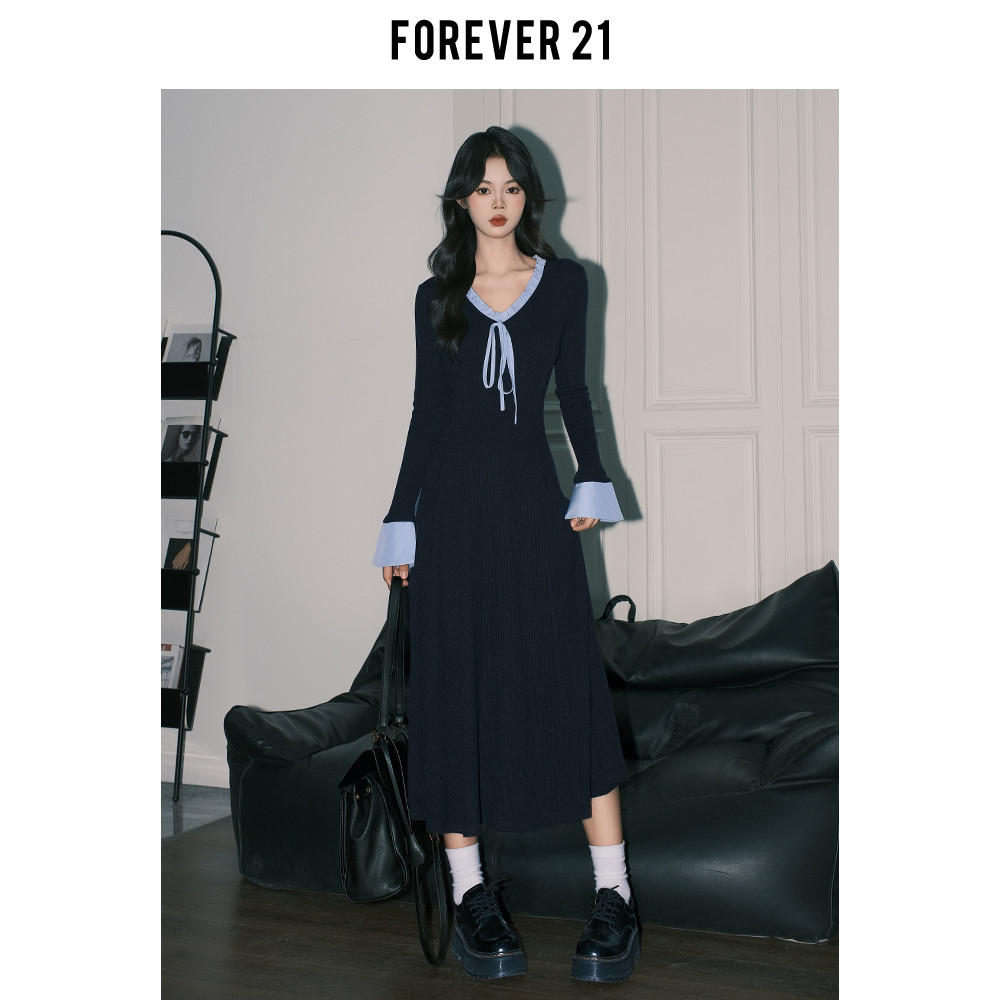 Forever 21 estilo coreano chique renda com decote em V vestido de malha feminino azul fino queimado manga longa saia lon