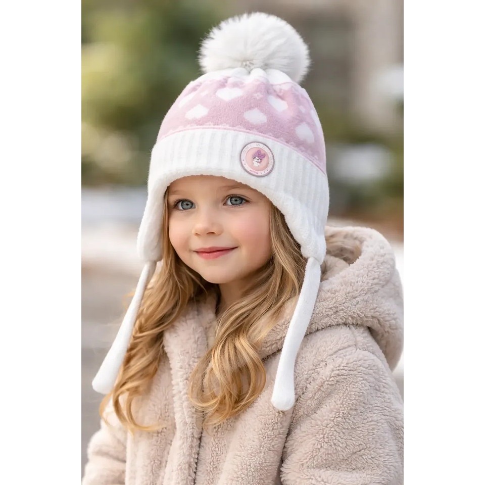 Touca Tapa Orelha De Lã Infantil Coração C/ Pom Pom Inverno