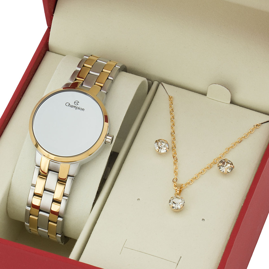 Relógio Digital Champion Espelhado Dourado e Prata Com Colar e Brincos CH48153S