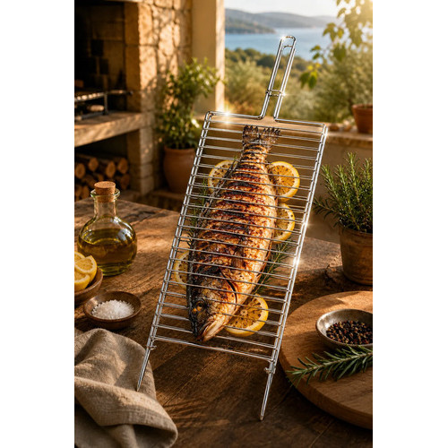 Grelha Reforçada Dupla Abaulada Churrasco 70x20 Aço Cromado Abre e Fecha Para Assar Peixe Asa Frango Linguiça Carne