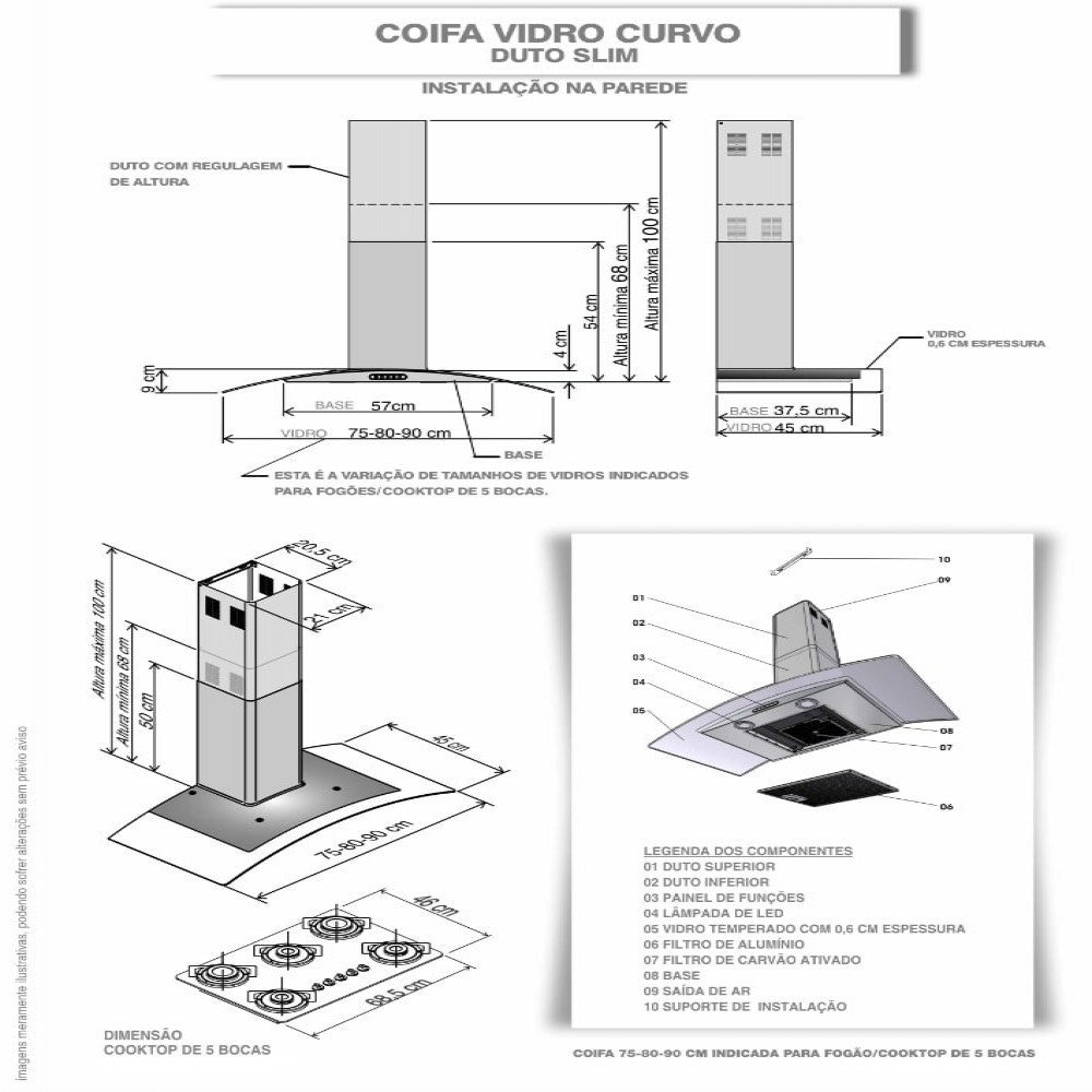 Coifa de Parede 80cm Vidro Curvo Duto Slim Fogatti Black · foto 2