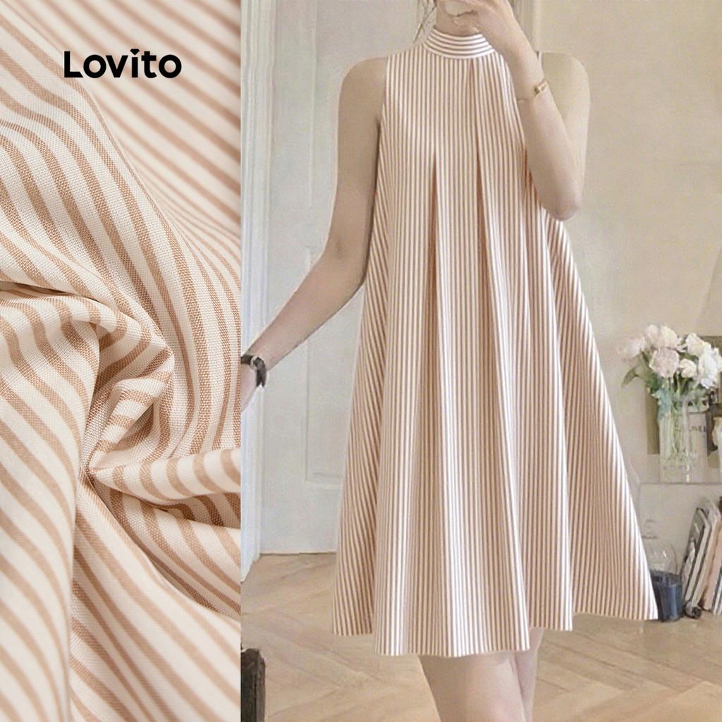 Lovito Casual Vestido com Pregas para Primavera/verão Leve Cáqui para Mulheres L