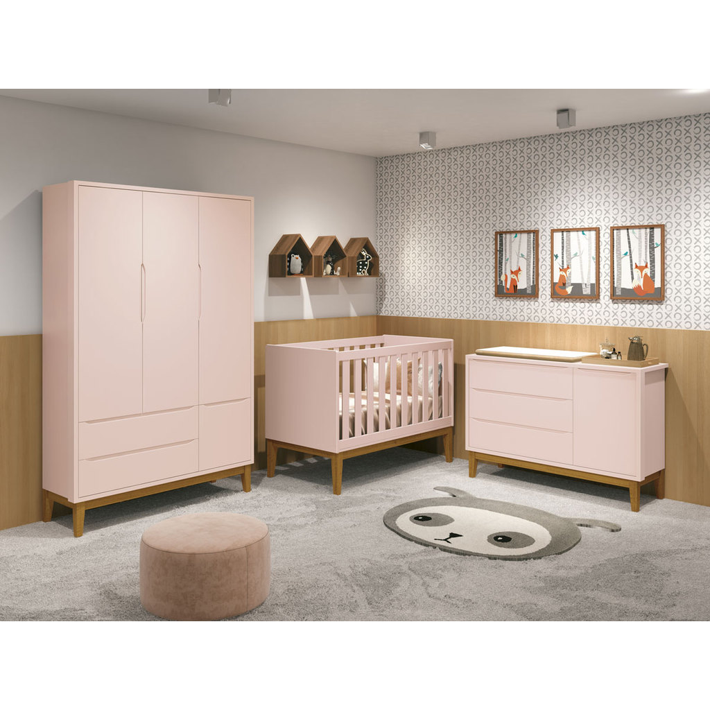 Jogo de Quarto para Bebê Completo Moderno de 3 Portas Classic New Rosa Fosco com Madeira MoveisAqui