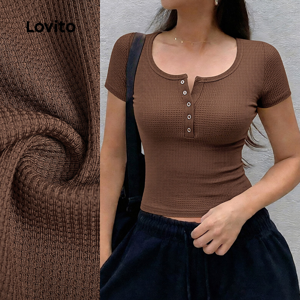 Lovito Camiseta Casual Botão Primavera/verão Camiseta Amarela para Mulheres LK5LD248