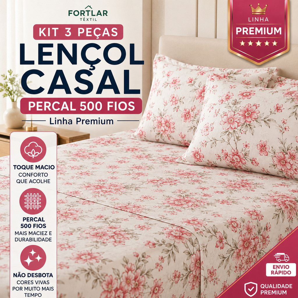 Kit 3 Pçs Lençol Casal Percal 500 Fios Linha Premium Luxo