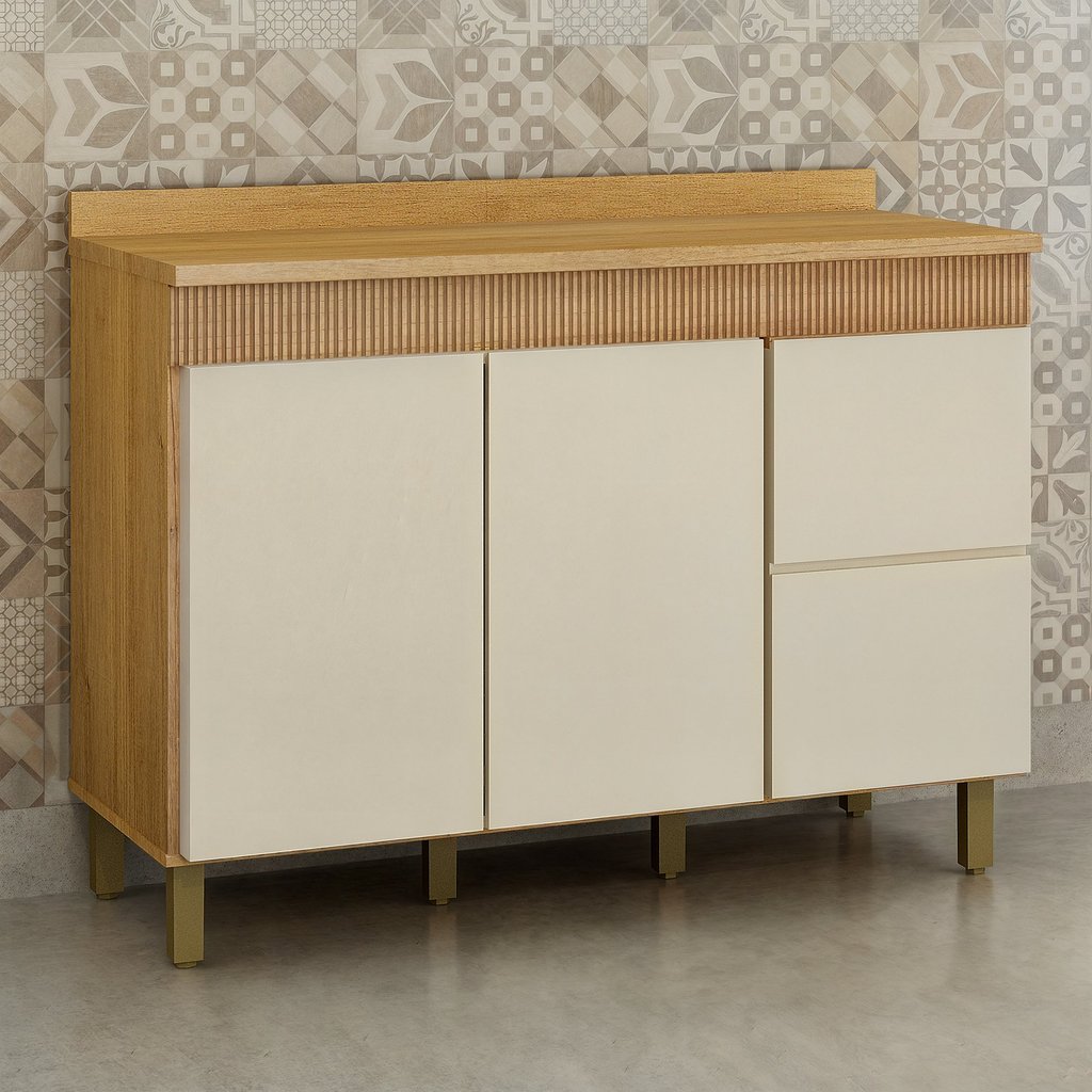 Balcão para Cozinha 120cm 3 Portas 2 Gavetas Dakota Bege/Cinamomo/Off White Cinamomo/Off White
