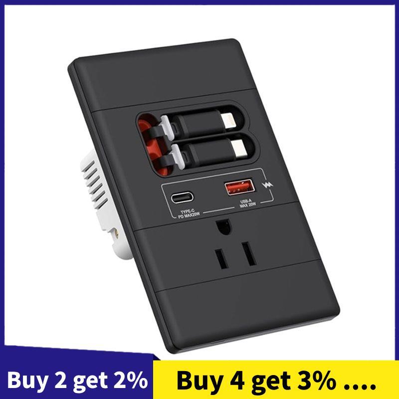 GaN PD20W USB-C E A Conector De Cabo Retrátil Tomada De Parede 15A 125V , Preto Resistente Violação
