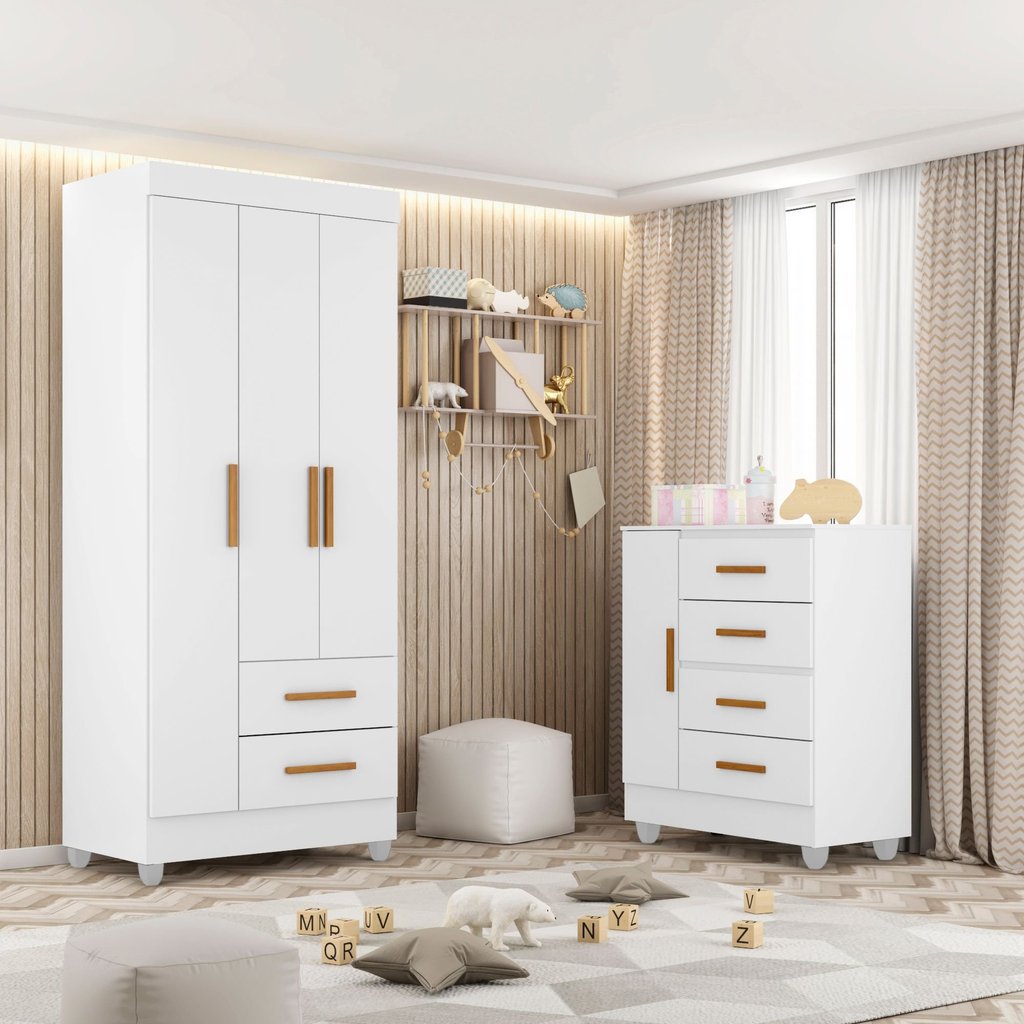 Quarto Bebê Infantil com Guarda-Roupa 3 Portas e 2 Gavetas com Cômoda 4 Gavetas e 1 Porta Branco