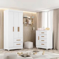 Quarto Bebê Infantil com Guarda-Roupa 3 Portas e 2 Gavetas com Cômoda 4 Gavetas e 1 Porta Branco