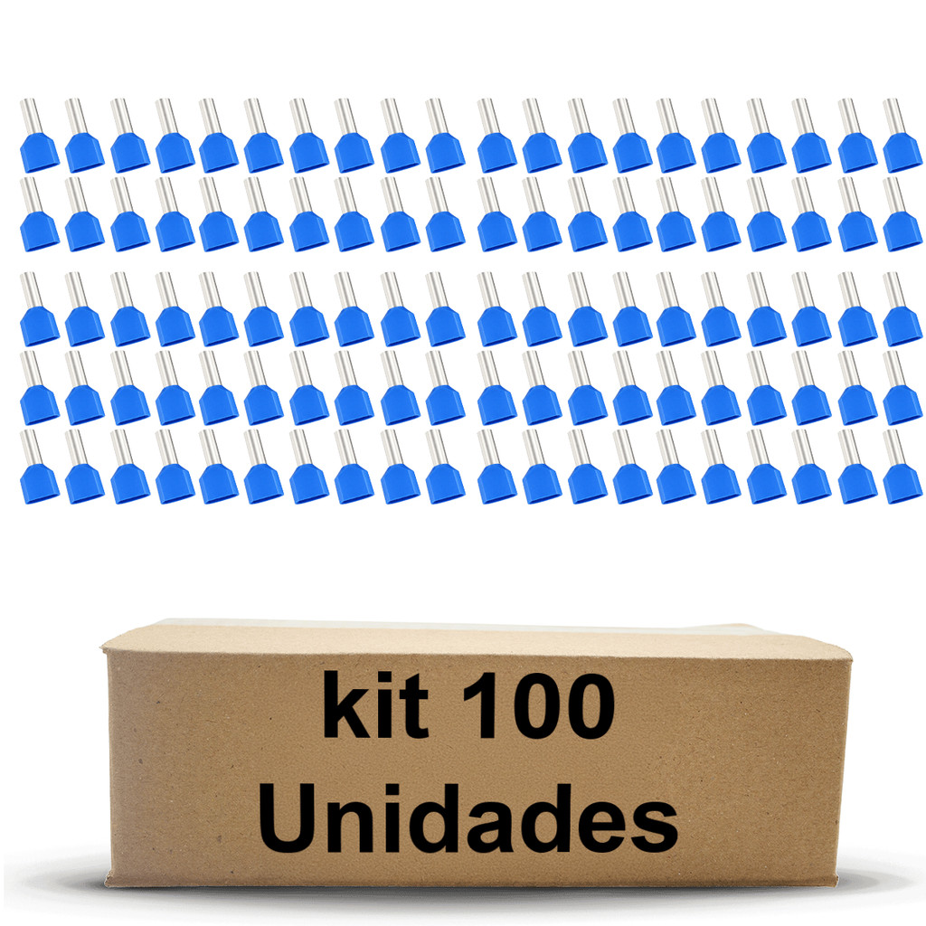 Terminal Ilhós Tubular Duplo 2,50mm² Azul TE2510 - Pacote com 100 Peças