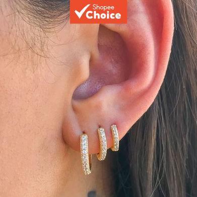 3 brincos, banhados a ouro 18K, fecho de latão, estilo coreano, microcravejados de diamantes, brincos circulares