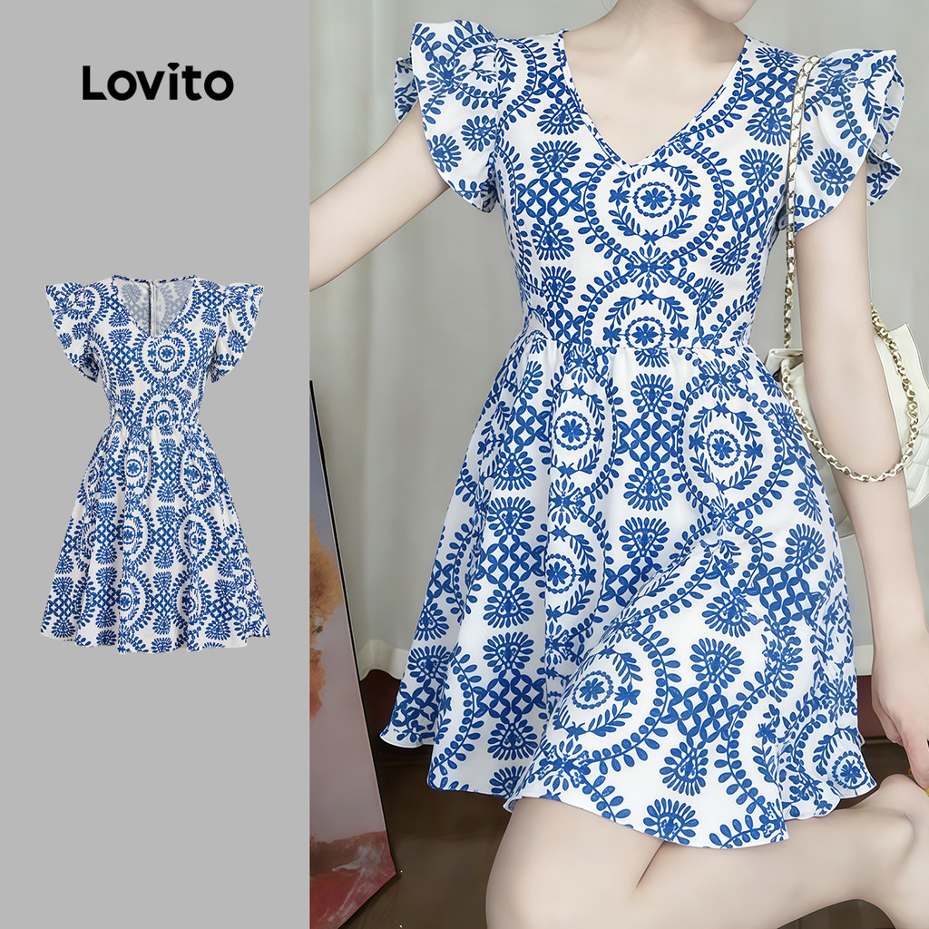 Lovito Férias Padrão de Vestido com Babados Na Barra Vestido de Primavera/verão