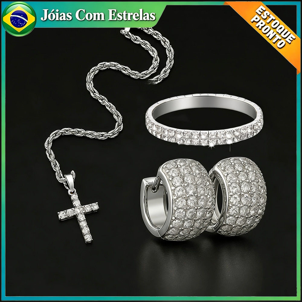 Kit Par De Brincos Cravejados Ice De Luxo + Colar Cordão Baiano Com Pingente De Cruz Cravejado Conjunto